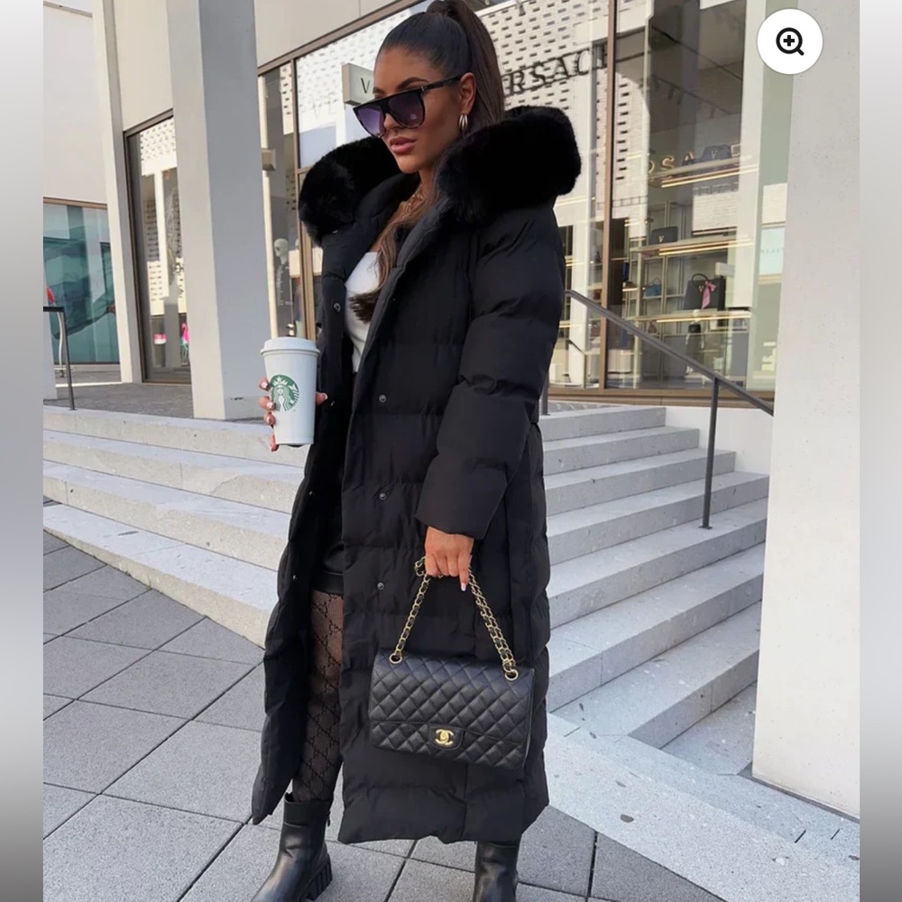 Selena Rose Black Long Puffer Coat with Fur Trim